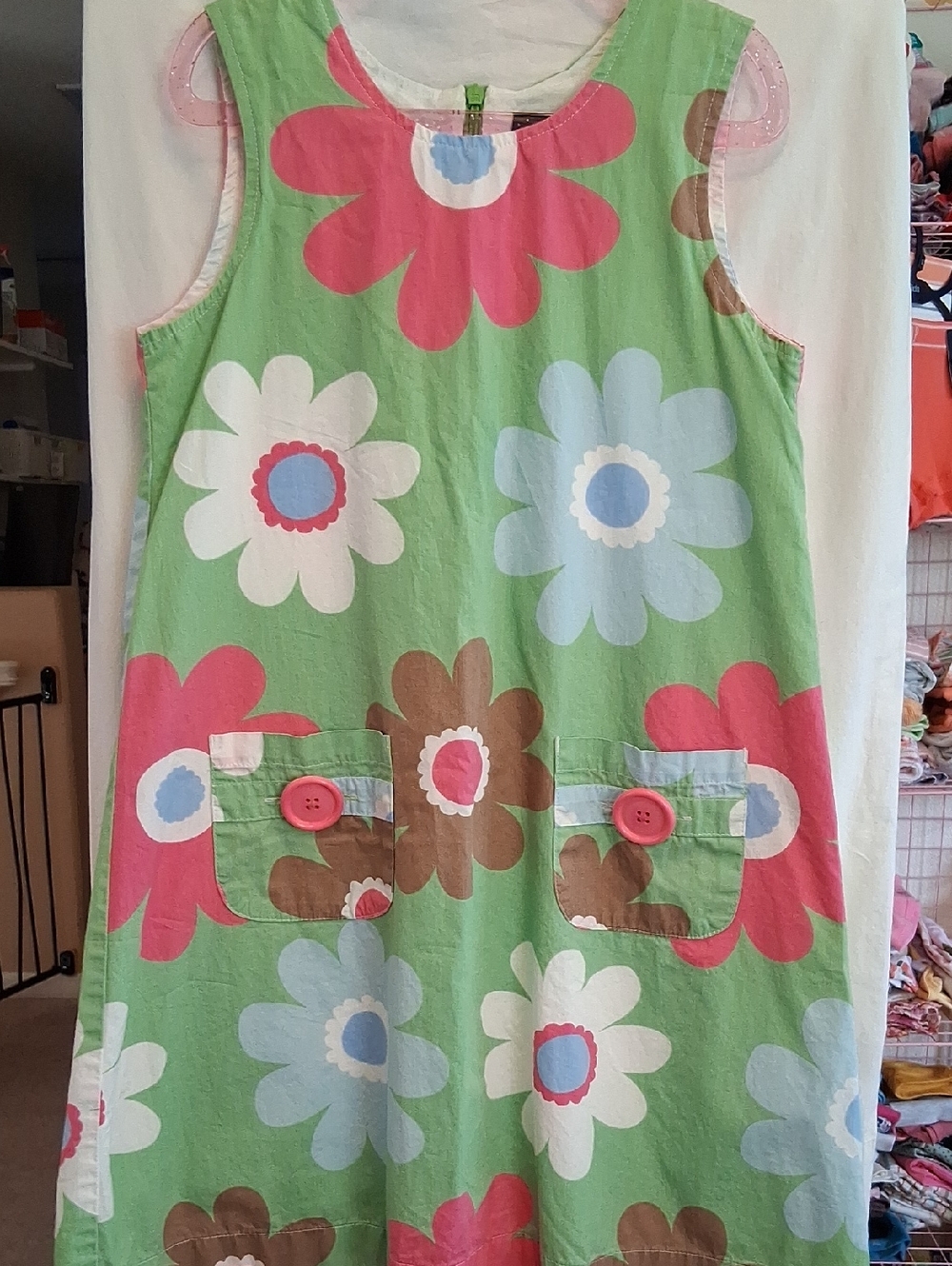 Mini Boden For Girls Green Floral Tank Dress with Pink Buttons